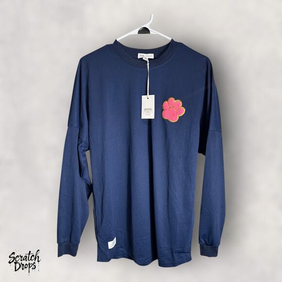 Simply Southern Women's Medium Long Sleeve Shirt Navy Blue Pink Paw Print NWT - Picture 1 of 3